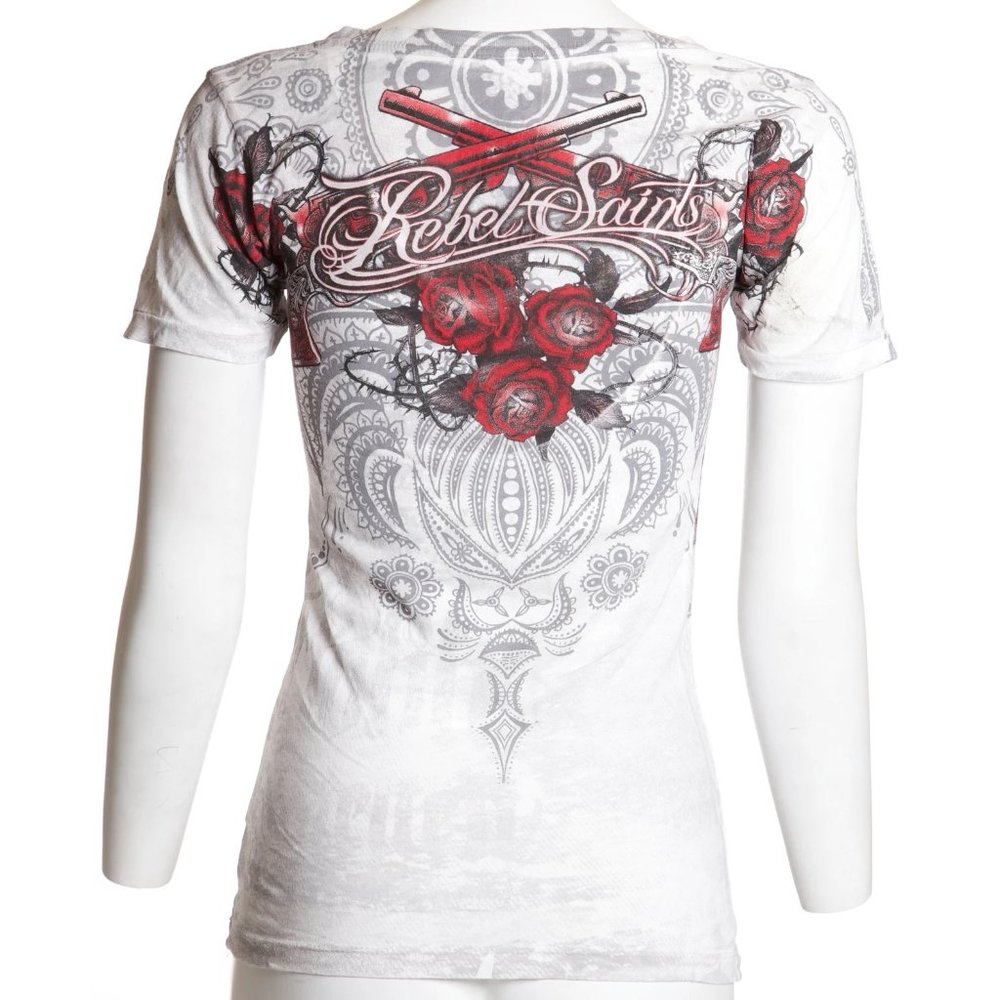 Rebel Saints AFFLICTION Womens T-Shirt SOPHIA Guns Tattoo Biker - Picture 6 of 7